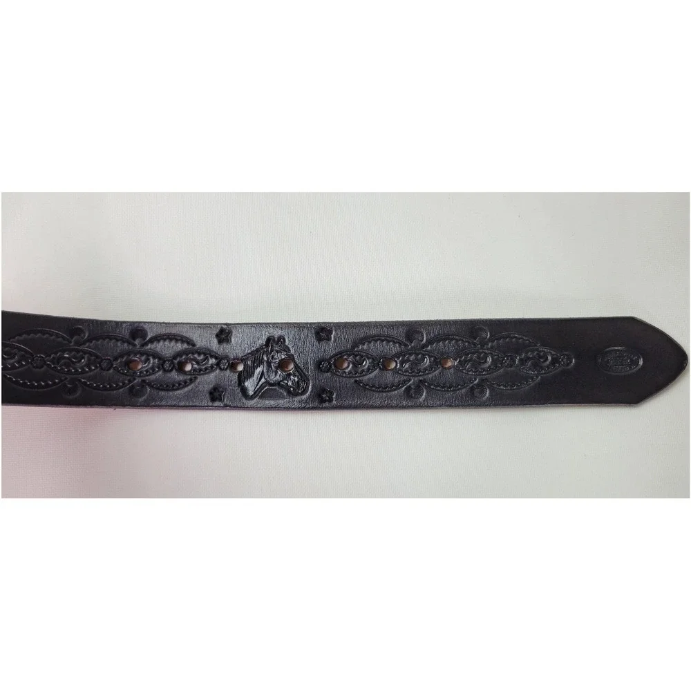 Dennis Knight Black Tooled Leather Horse‎ Head Belt Solid Brass Buckle USA Made